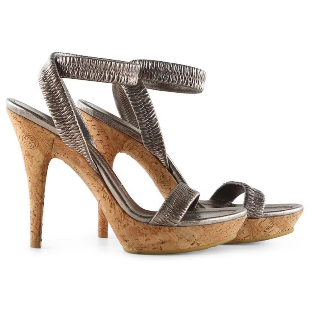 Gucci Metallic Bronze Leather Strappy Cork Platform Sandals 8.5